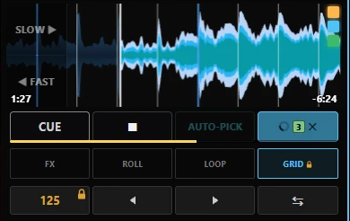 Un deck de DekkR : la waveform défilante, CUE, AUTO-PICK, FX, ROLL, LOOP et GRID