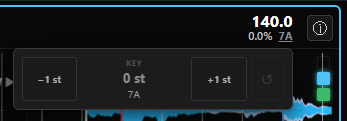 La fenêtre KEY d’un deck : −1 st, la valeur 0 st, +1 st, et le bouton de remise à zéro